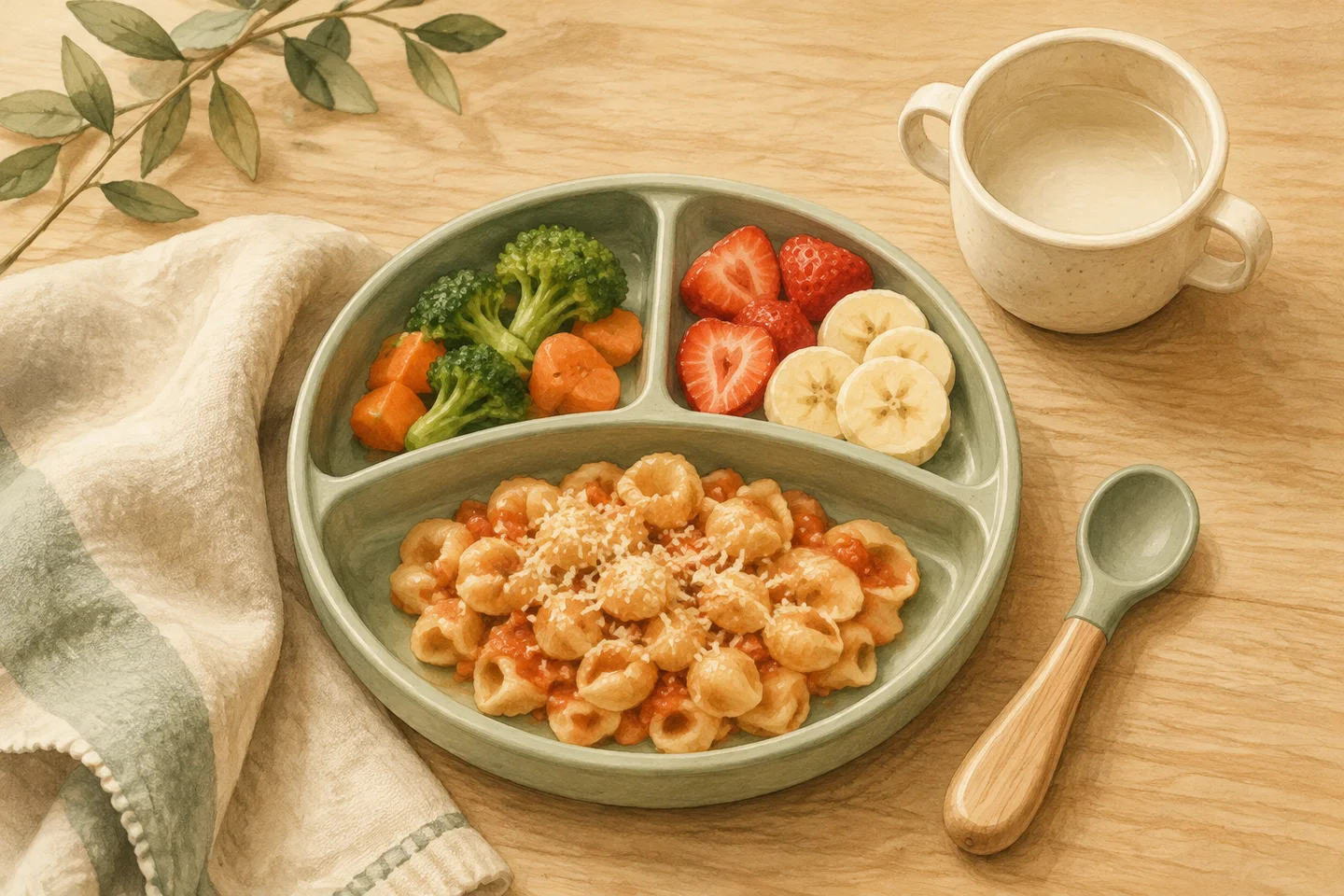 Watercolor toddler meal with pasta, vegetables, sliced fruit, a cup, and spoon