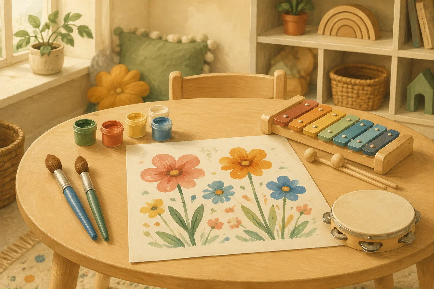 Watercolor activity table with flower paintings, brushes, a xylophone, and tambourine
