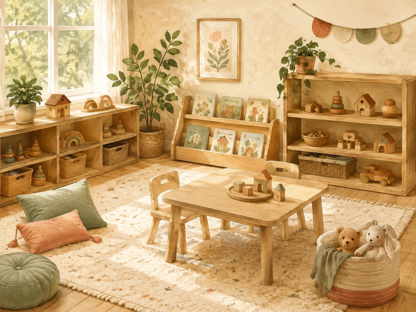 Watercolor playroom with wooden toys, picture books, and soft cushions in warm sunlight