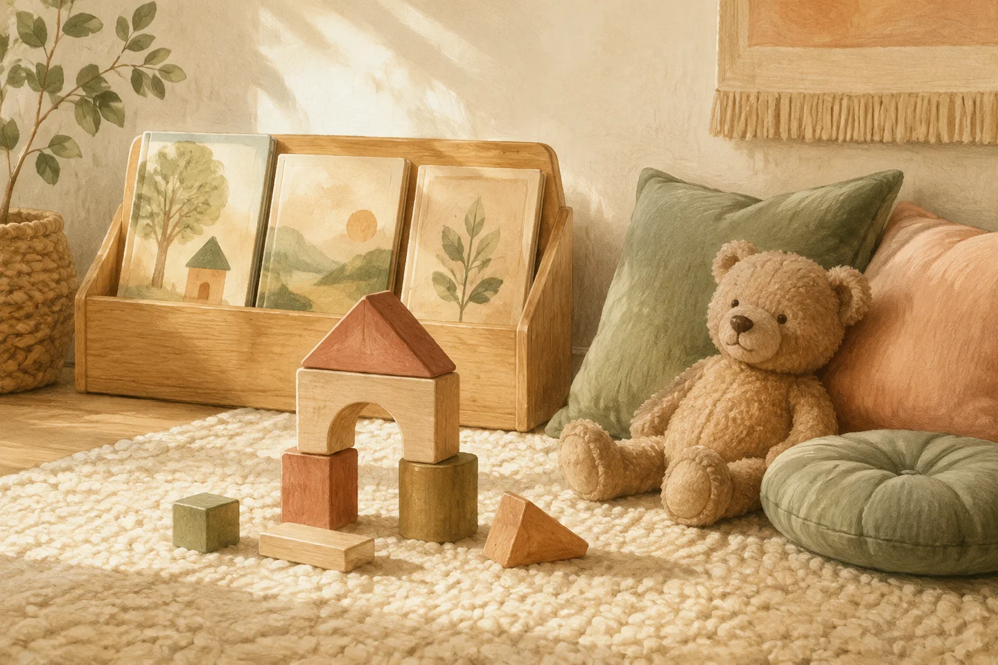 Watercolor cozy play corner with wooden blocks, a teddy bear, cushions, and picture books
